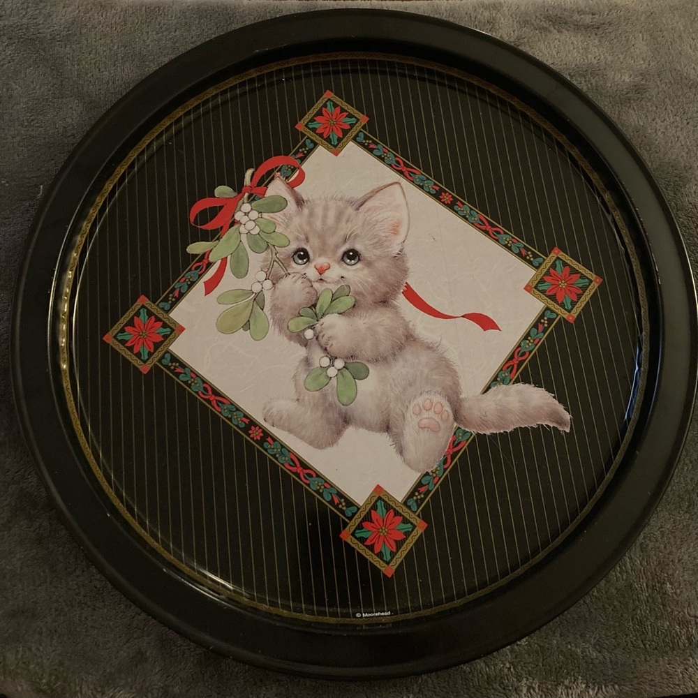 Vintage Giftco Cat With Mistletoe Metal Christmas Tray